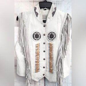 Biker Dream Native American white leather Vest size L fringed